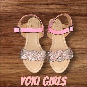 Girls-Yoki wedge Espadrilles, braided rhinestone, pink with pint straps. Size 2